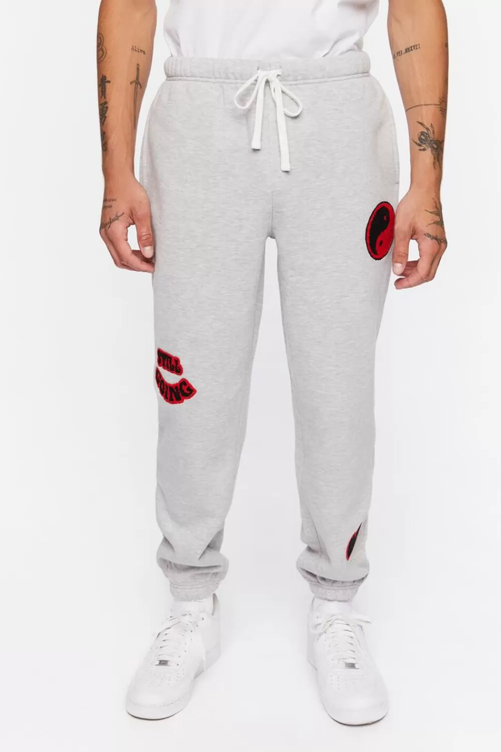 Matching Sets>Forever 21 Fleece Still Going Chenille Patch Joggers Heather Grey/Multi