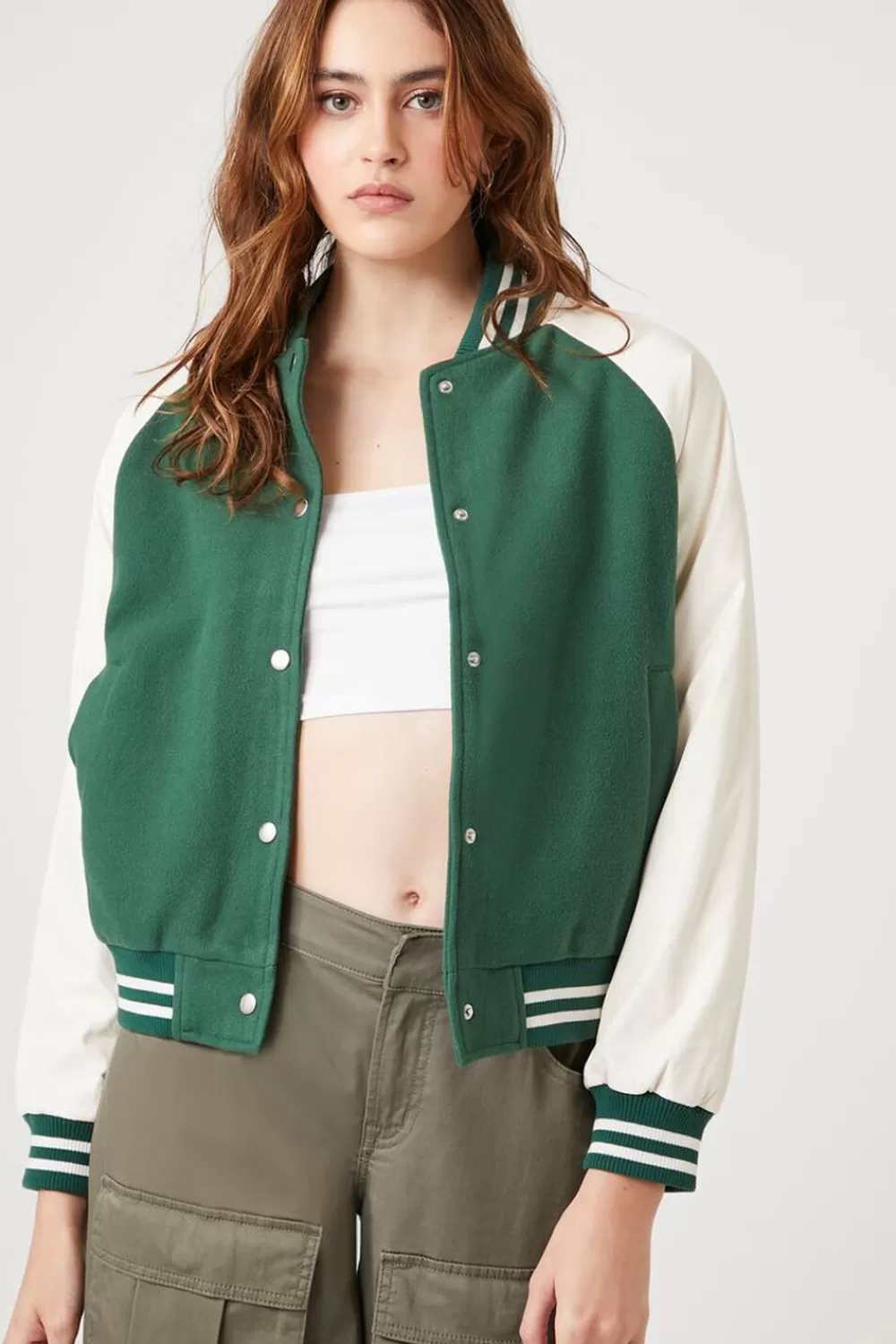 Jackets + Outerwear>Forever 21 Fleece Varsity Bomber Jacket Green/Cream