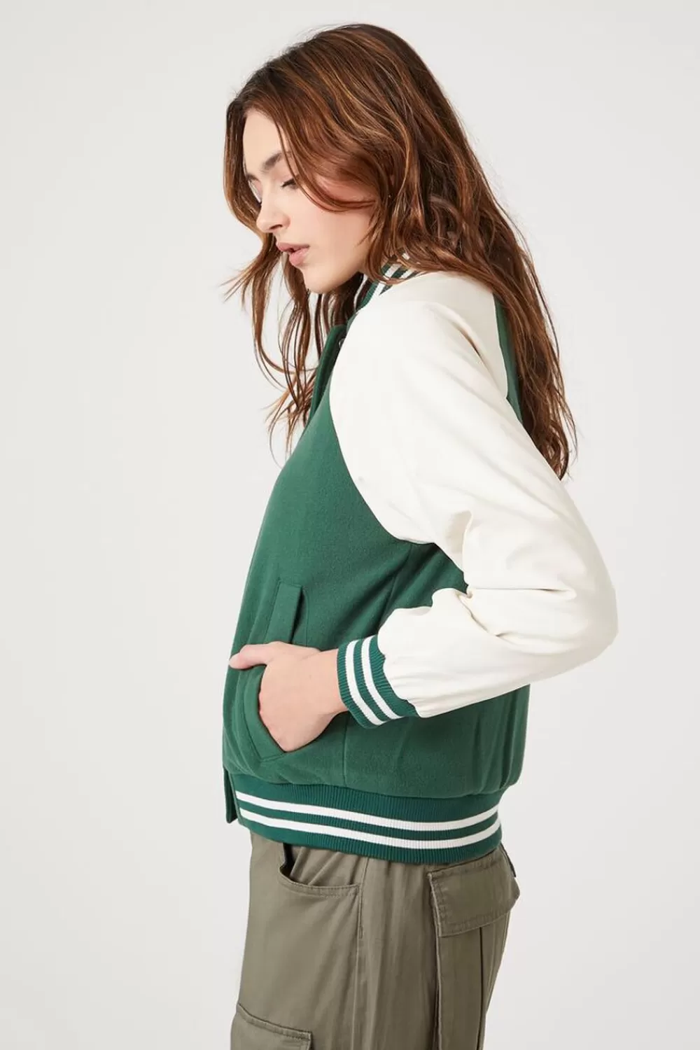 Jackets + Outerwear>Forever 21 Fleece Varsity Bomber Jacket Green/Cream