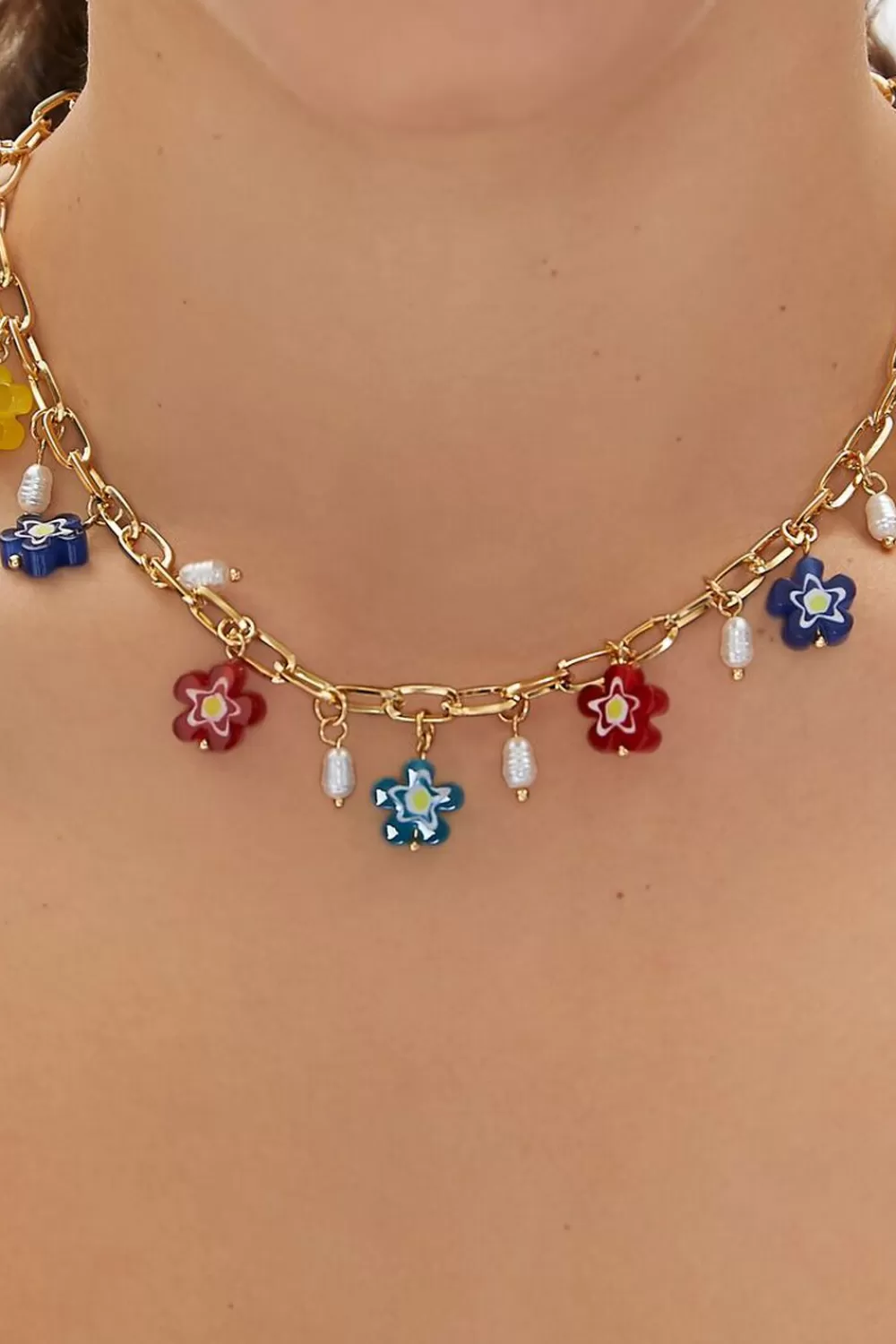 Necklaces>Forever 21 Floral & Faux Pearl Chain Necklace Gold/Multi