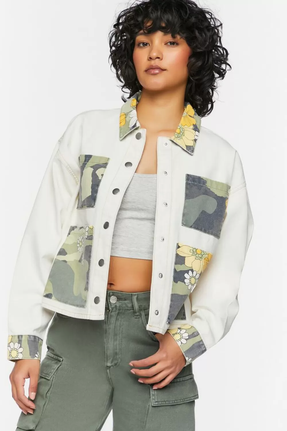 Jackets + Outerwear>Forever 21 Floral Camo Colorblock Shacket White/Multi