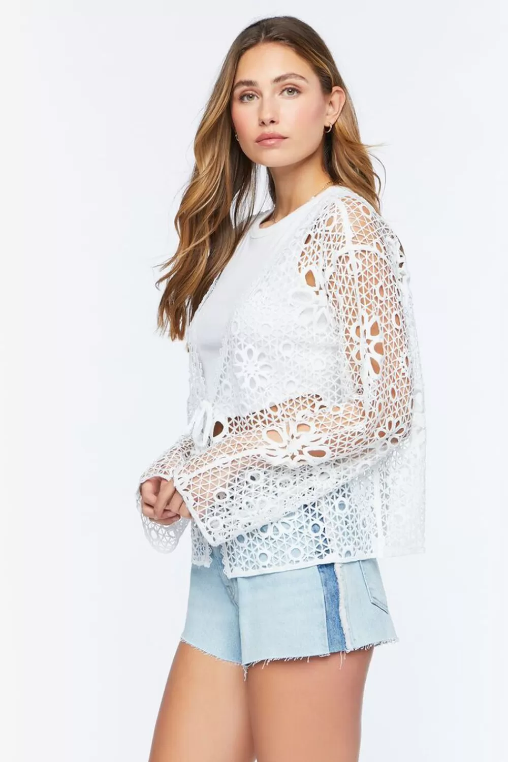 Jackets + Outerwear>Forever 21 Floral Crochet Tie-Front Jacket Cream