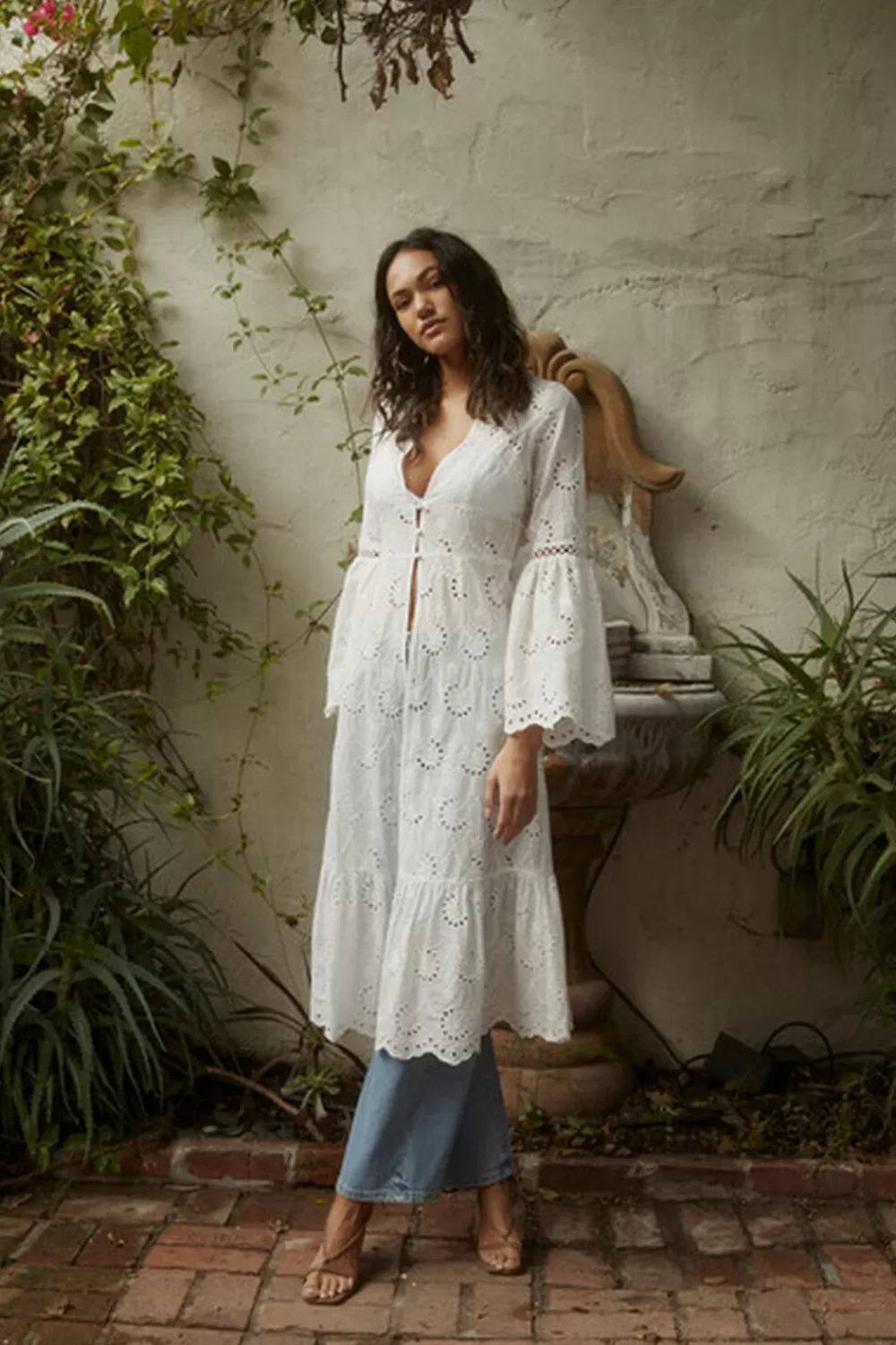 Jackets + Outerwear>Forever 21 Floral Eyelet Lace Duster Kimono White