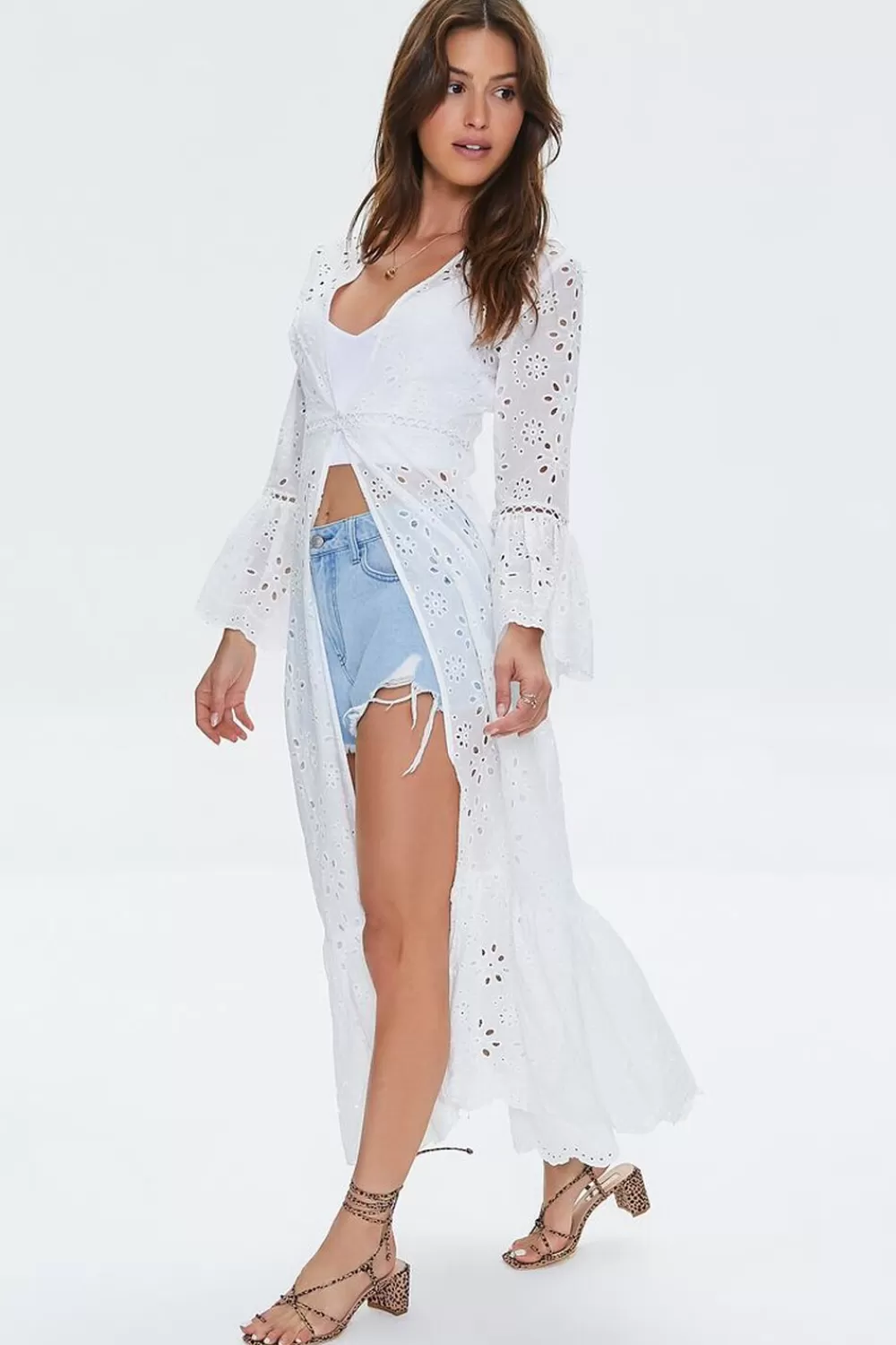 Jackets + Outerwear>Forever 21 Floral Eyelet Lace Duster Kimono White