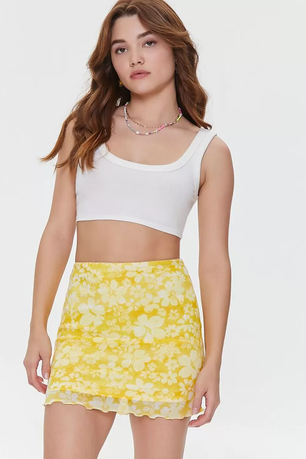Bottoms>Forever 21 Floral Print Mesh Mini Skirt Yellow/Multi
