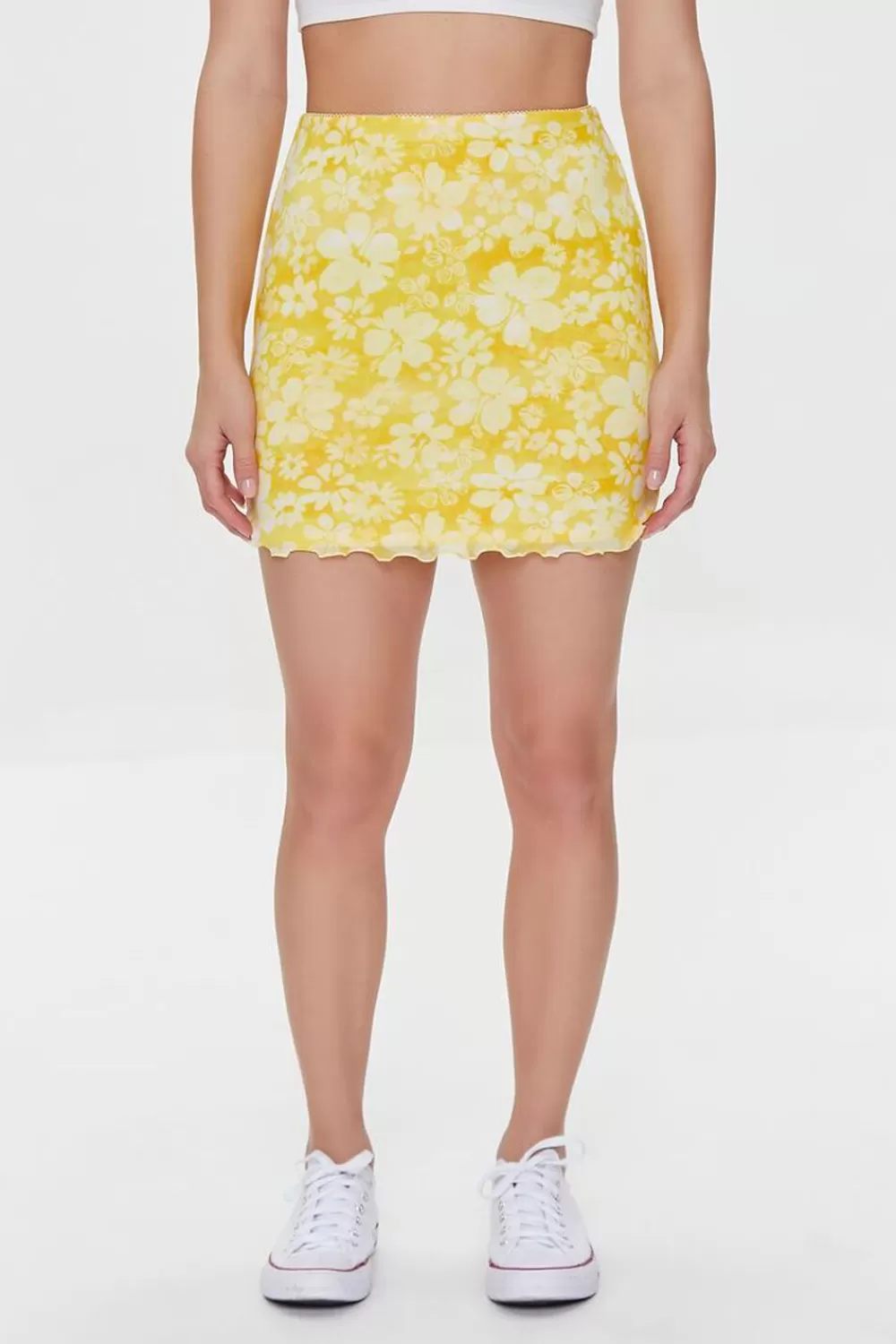 Bottoms>Forever 21 Floral Print Mesh Mini Skirt Yellow/Multi