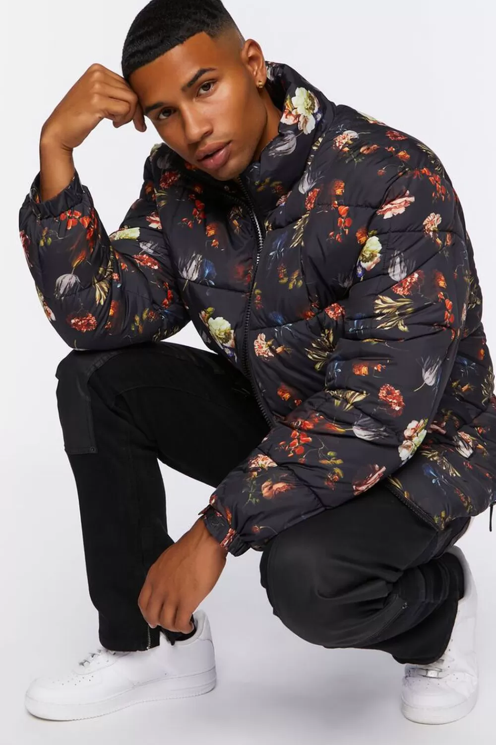Jackets + Outerwear>Forever 21 Floral Print Puffer Jacket Black/Multi