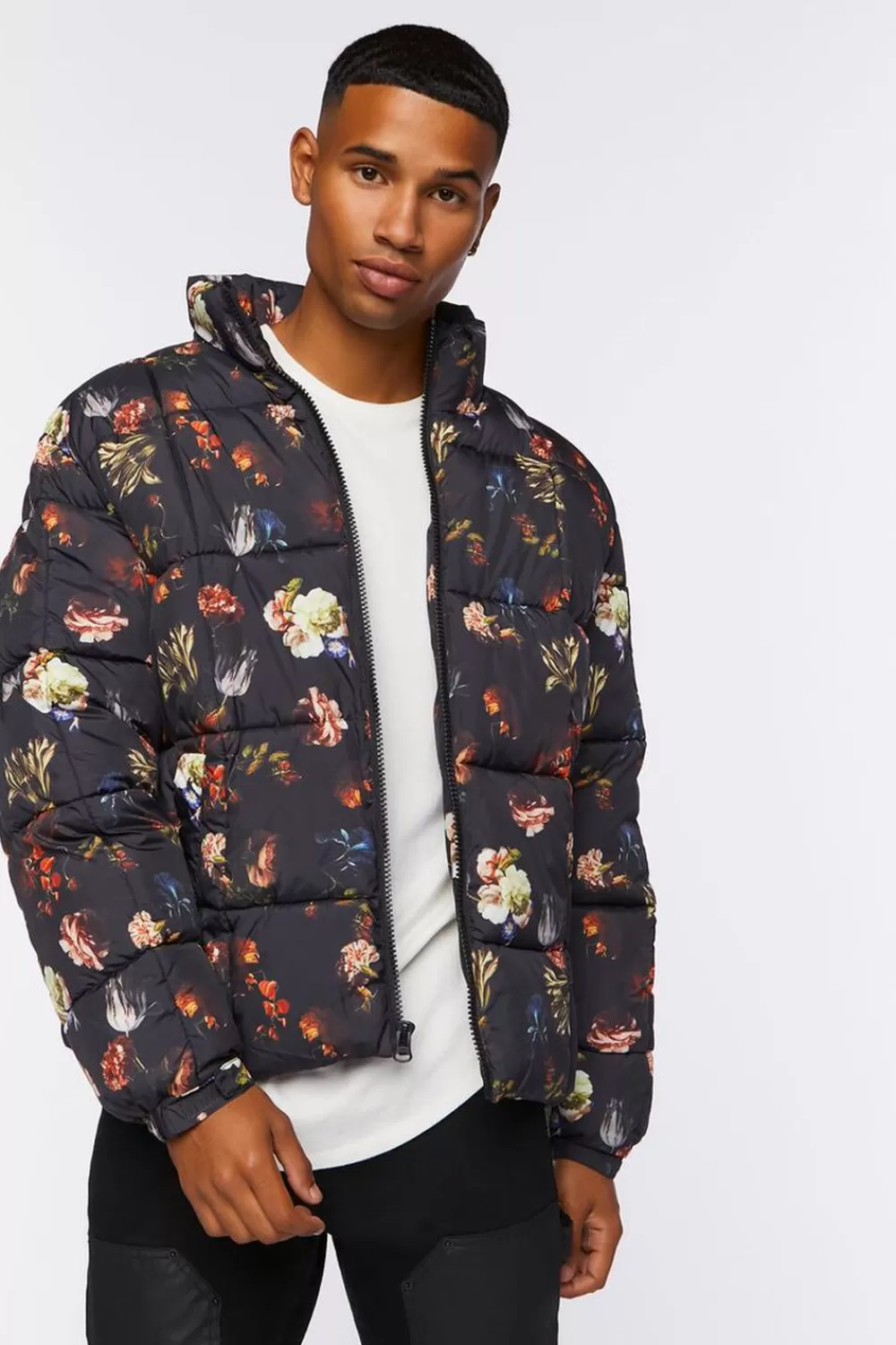 Jackets + Outerwear>Forever 21 Floral Print Puffer Jacket Black/Multi