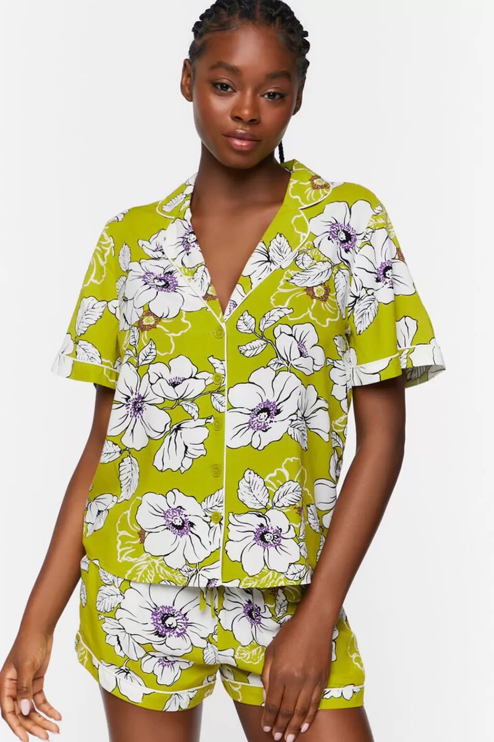 Loungewear>Forever 21 Floral Print Shirt & Shorts Pajama Set Green Apple/White