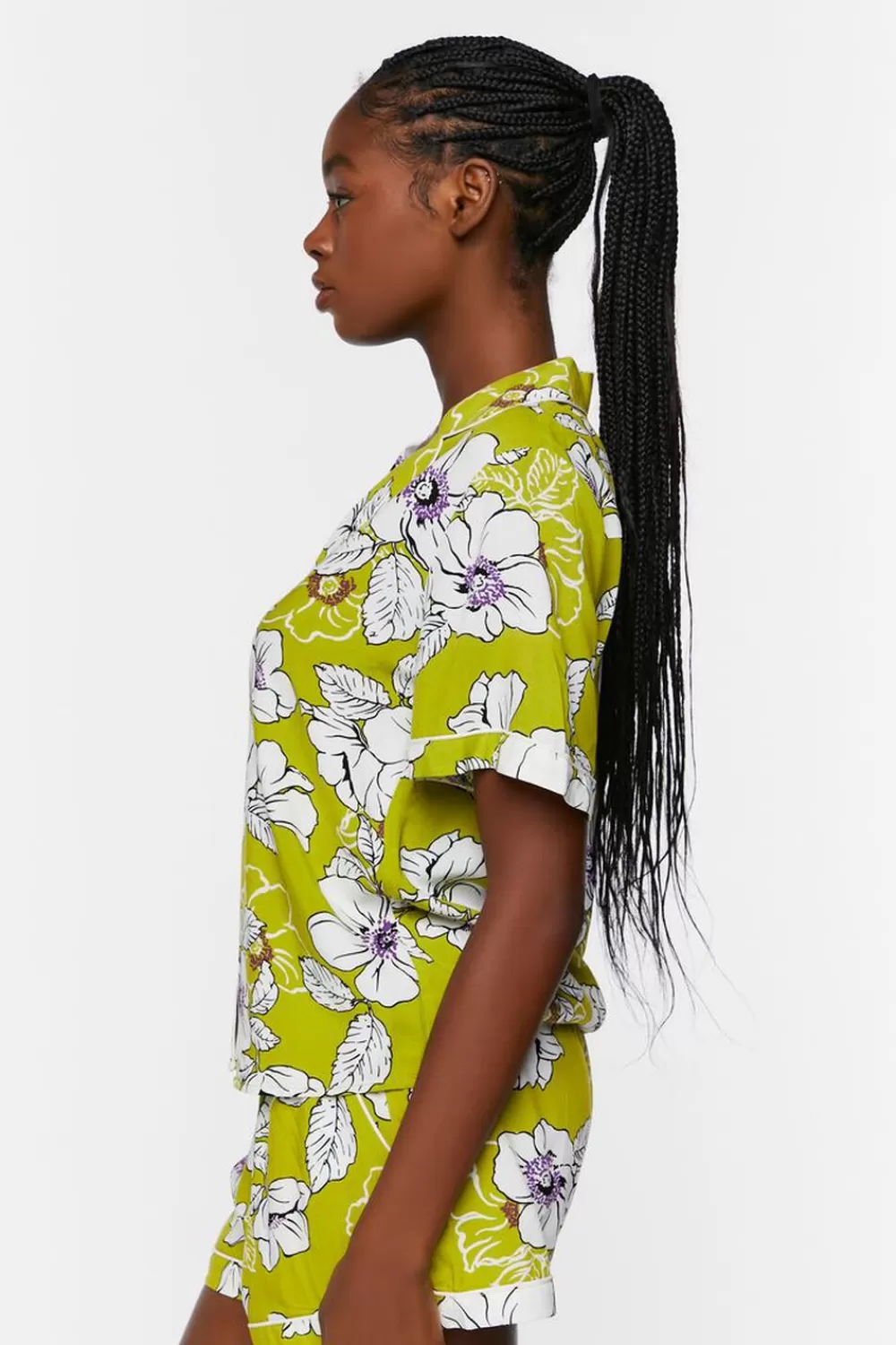 Loungewear>Forever 21 Floral Print Shirt & Shorts Pajama Set Green Apple/White