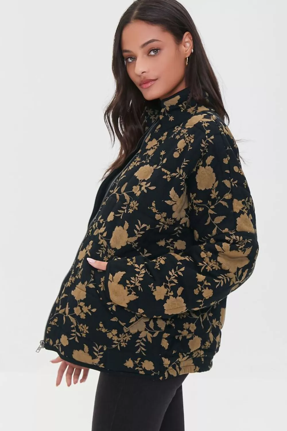 Jackets + Outerwear>Forever 21 Floral Quilted Zip-Up Jacket Black/Multi