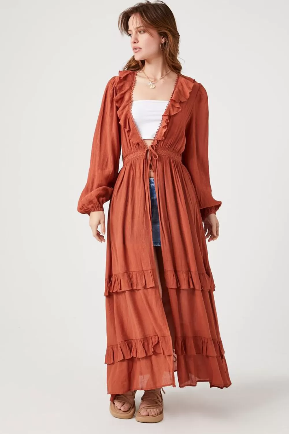 Jackets + Outerwear>Forever 21 Flounce Crochet-Trim Kimono Clay