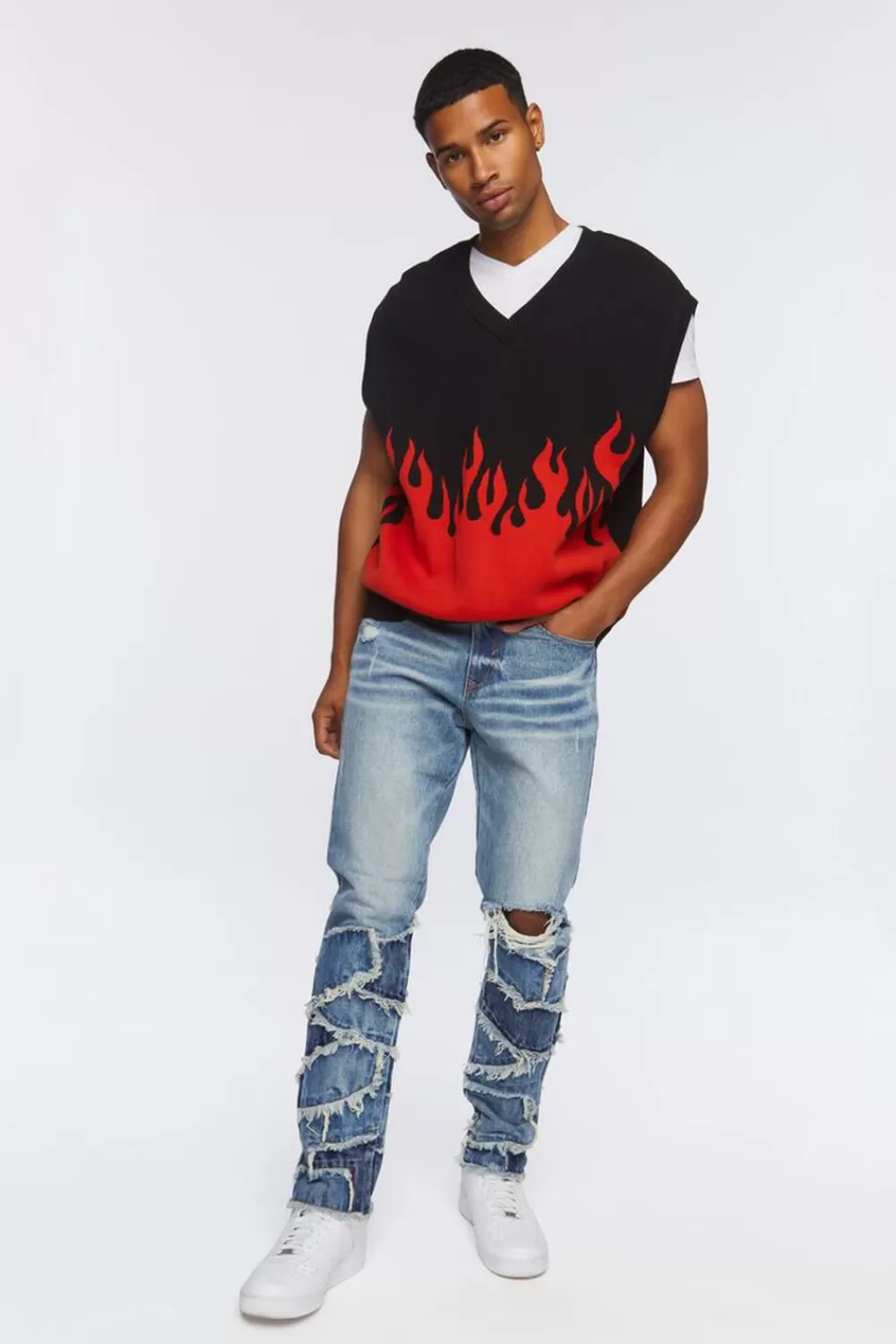 Jeans + Denim>Forever 21 Frayed Patchwork Slim-Fit Jeans Medium Denim
