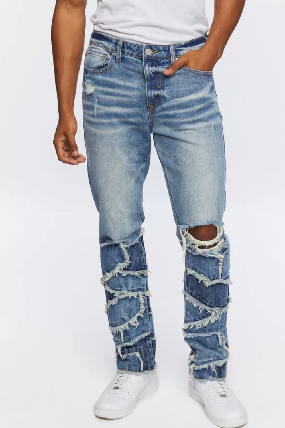 Jeans + Denim>Forever 21 Frayed Patchwork Slim-Fit Jeans Medium Denim