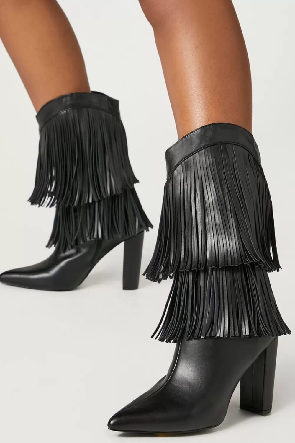 Boots + Booties>Forever 21 Fringe Block Heel Boots Black