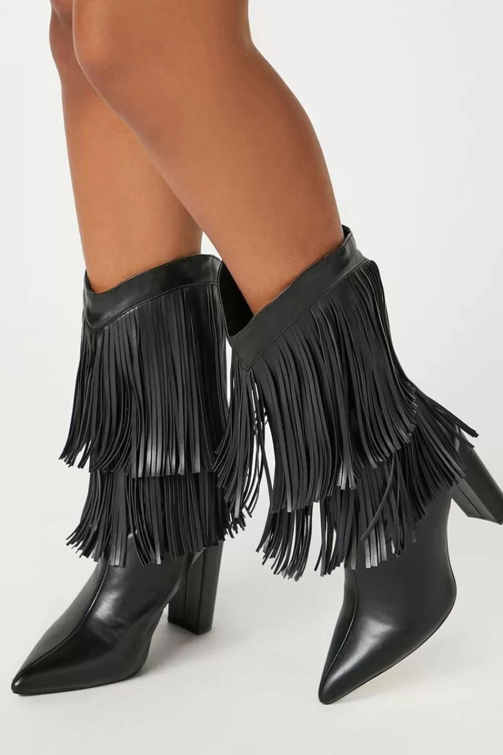 Boots + Booties>Forever 21 Fringe Block Heel Boots Black