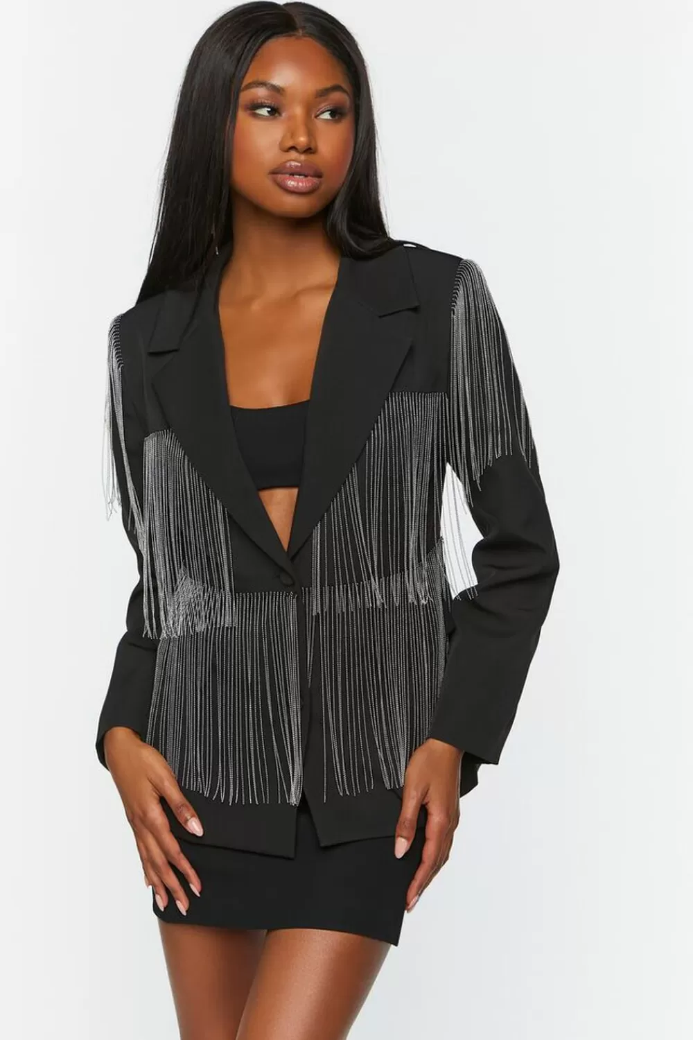 Jackets + Outerwear>Forever 21 Fringe Single-Breasted Blazer Black