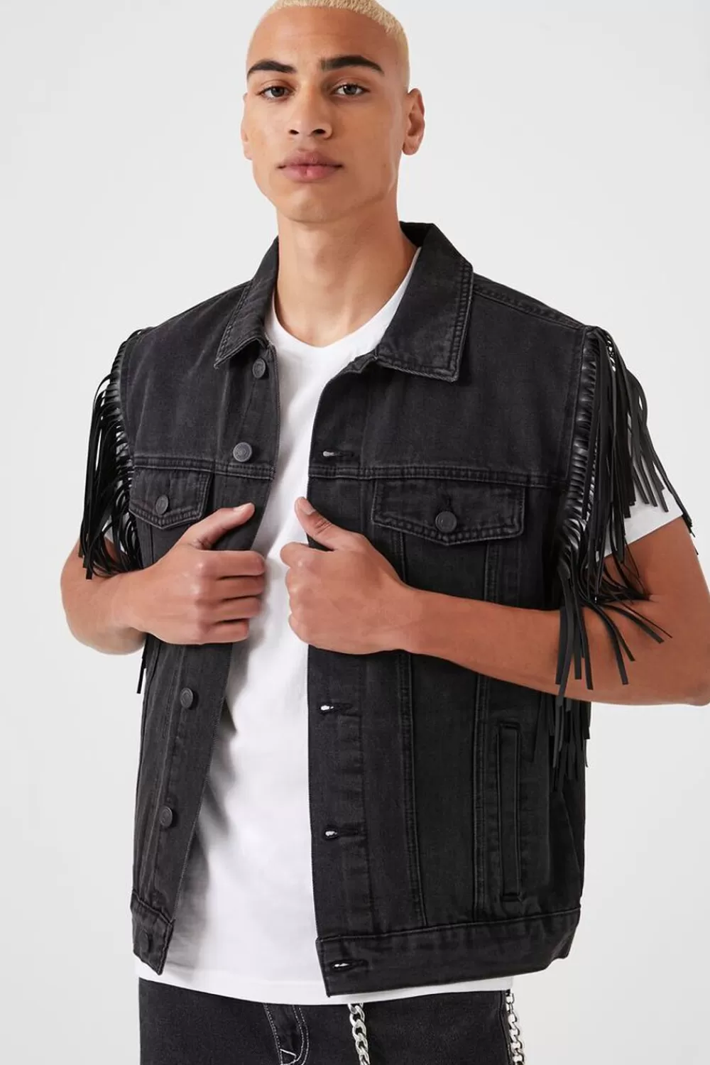 Jackets + Outerwear>Forever 21 Fringe-Trim Denim Vest Washed Black