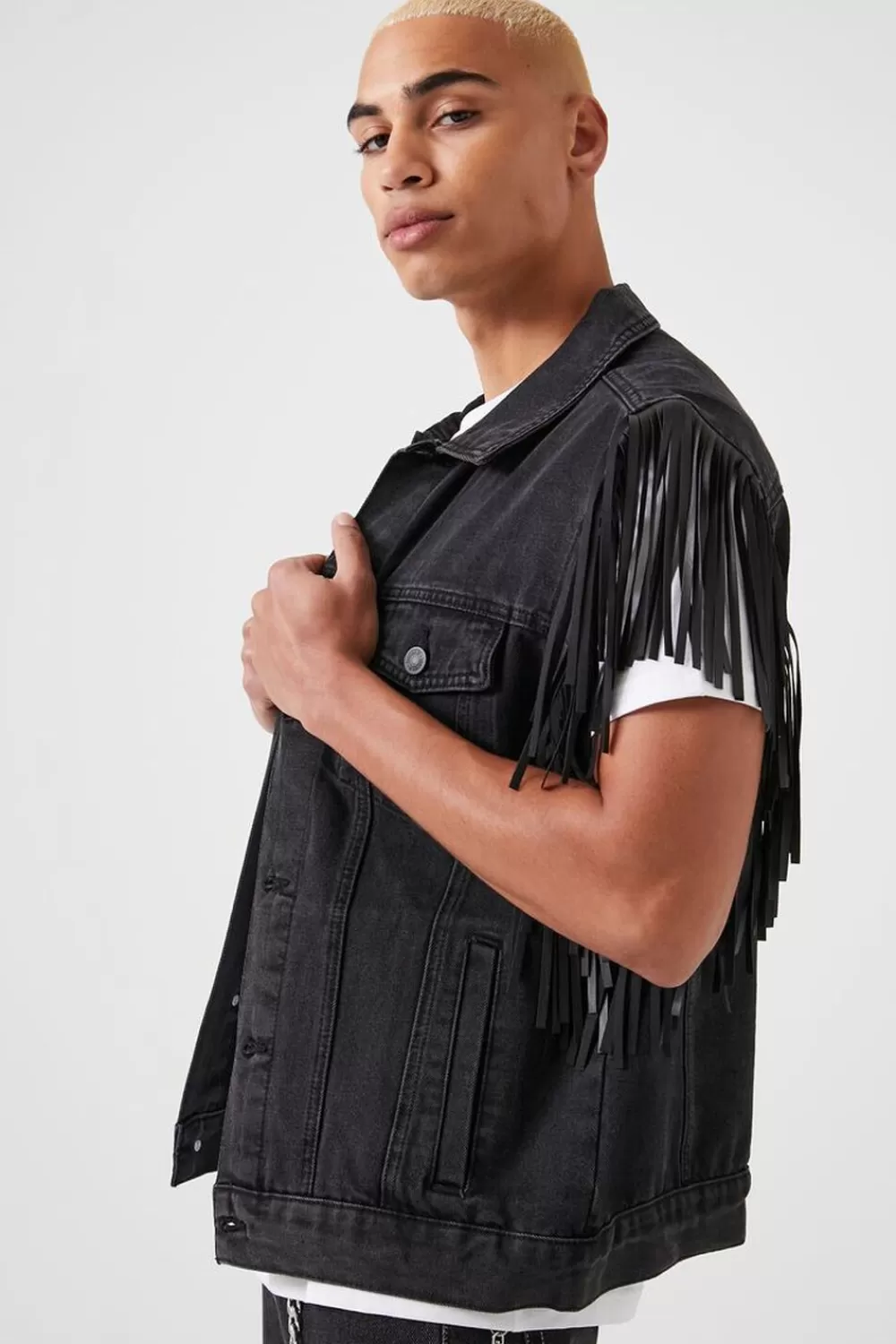 Jackets + Outerwear>Forever 21 Fringe-Trim Denim Vest Washed Black