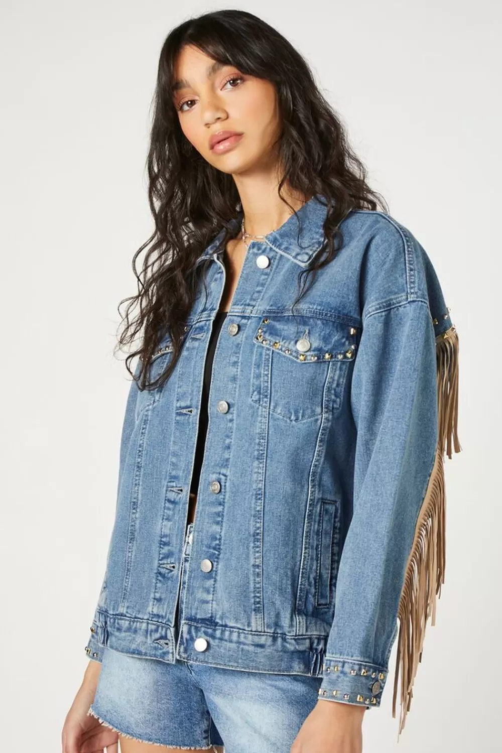 Jackets + Outerwear>Forever 21 Fringe-Trim Truckerjacket Denim
