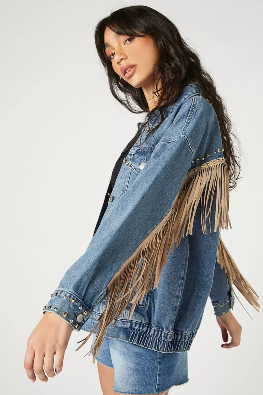 Jackets + Outerwear>Forever 21 Fringe-Trim Truckerjacket Denim