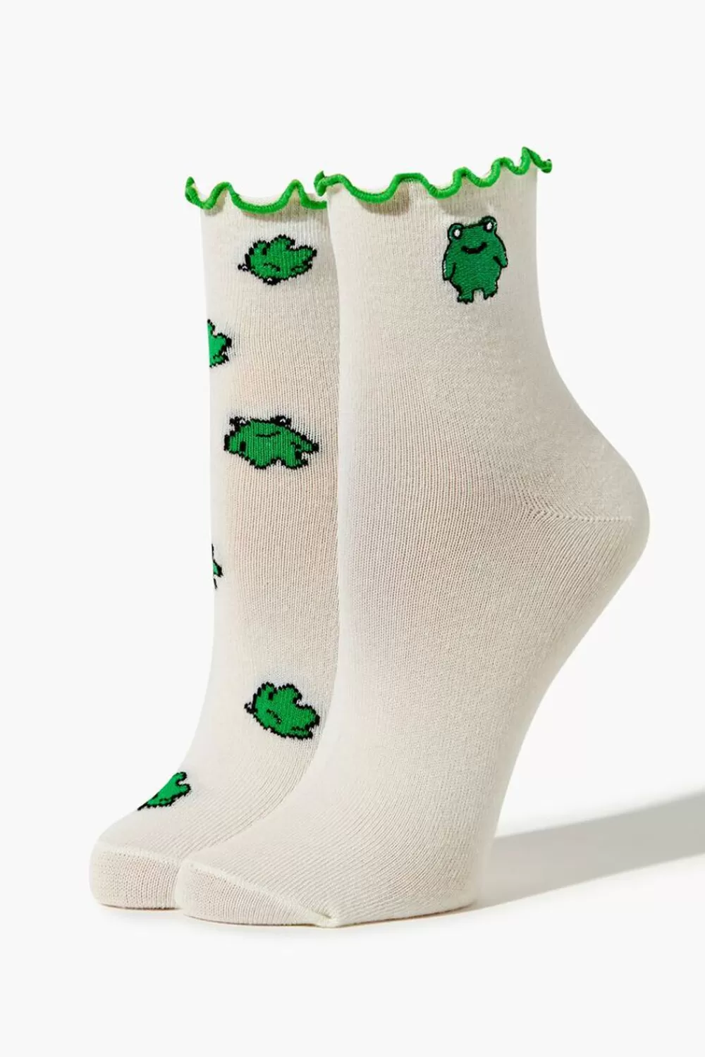 Socks + Tights>Forever 21 Frog Print Crew Sock Set - 2 Pack White/Multi