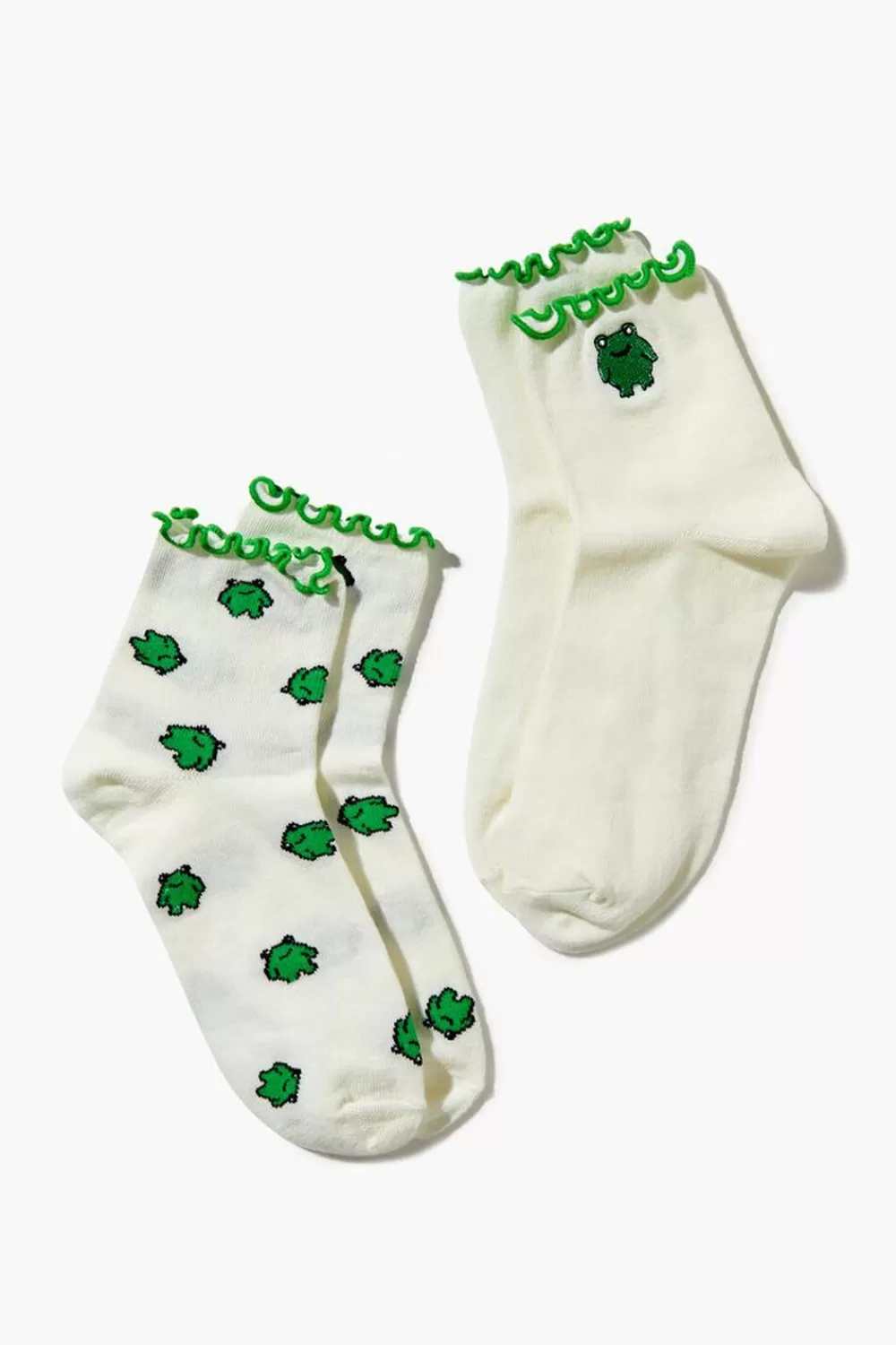 Socks + Tights>Forever 21 Frog Print Crew Sock Set - 2 Pack White/Multi