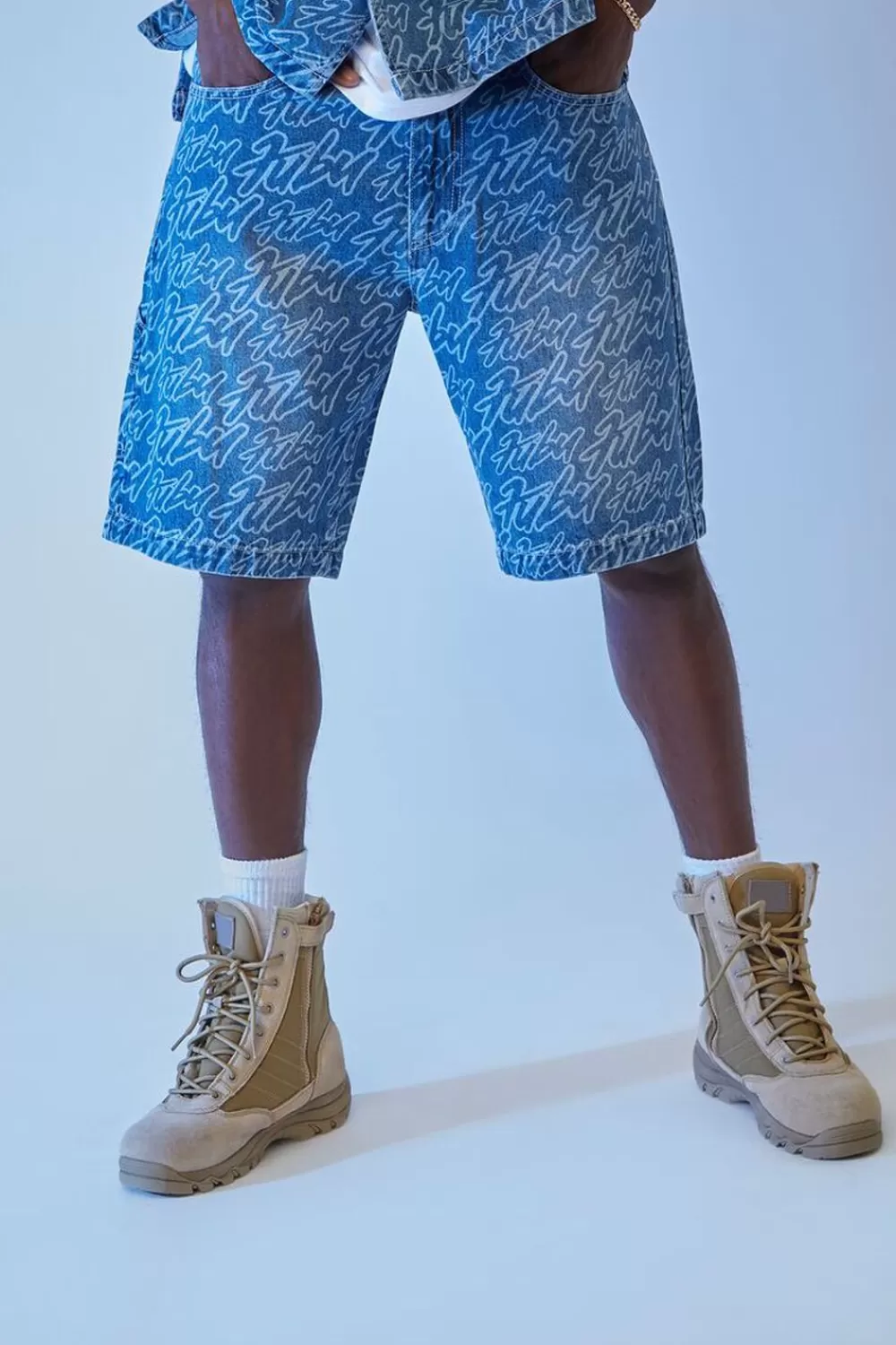 Jeans + Denim>Forever 21 Fubu Print Denim Shorts Light Denim/White
