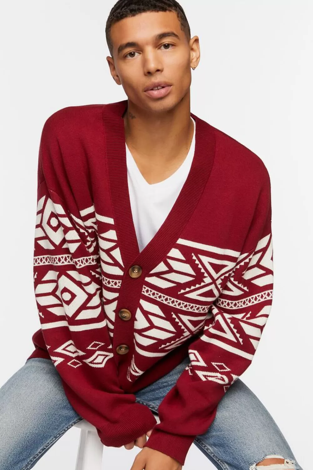 Sweaters + Cardigans>Forever 21 Geo Print Cardigan Sweater Burgundy/Cream