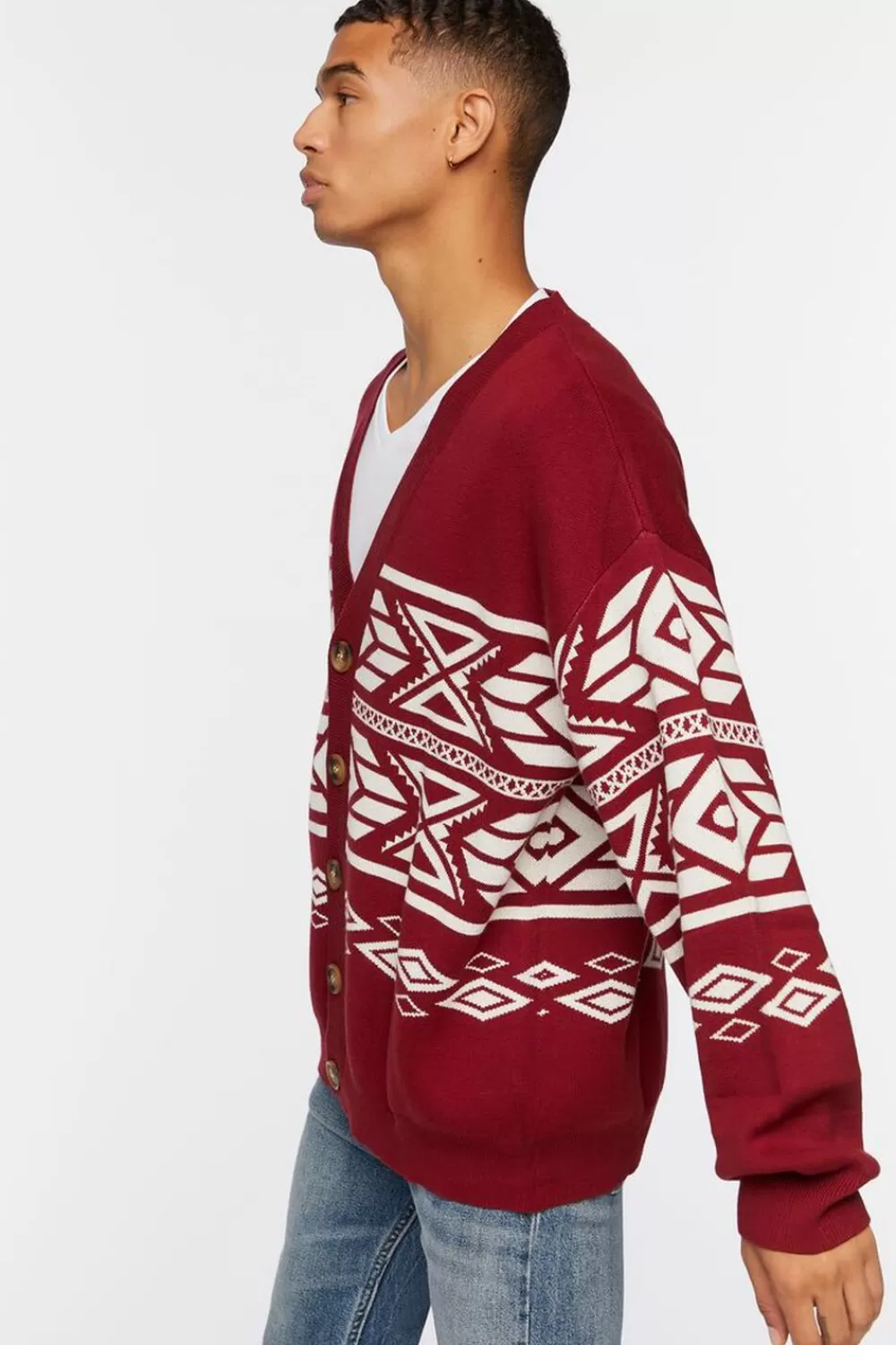 Sweaters + Cardigans>Forever 21 Geo Print Cardigan Sweater Burgundy/Cream