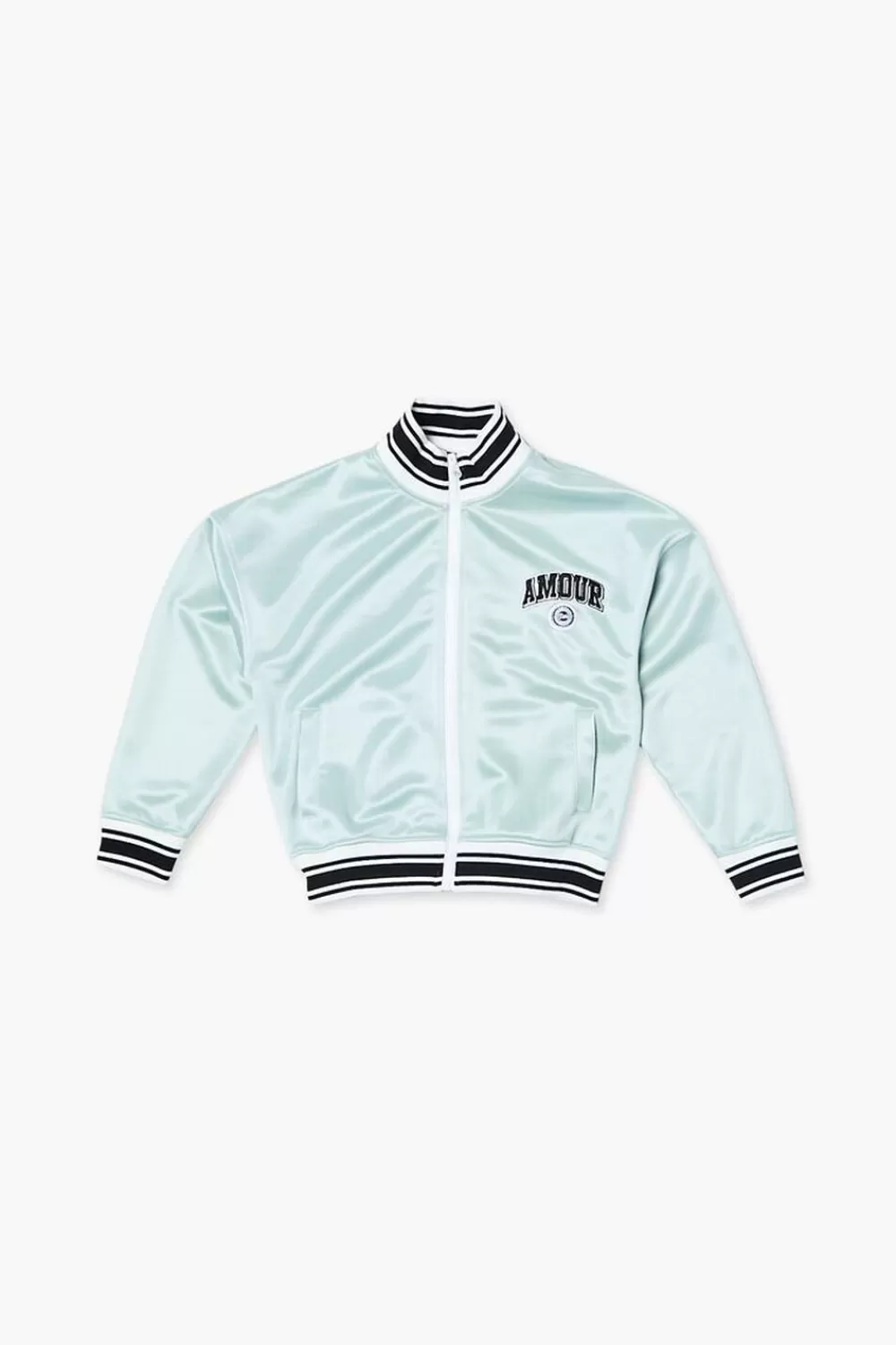 Tops>Forever 21 Girls Amour Varsity-Striped Zip-Up Jacket (Kids) Celadon