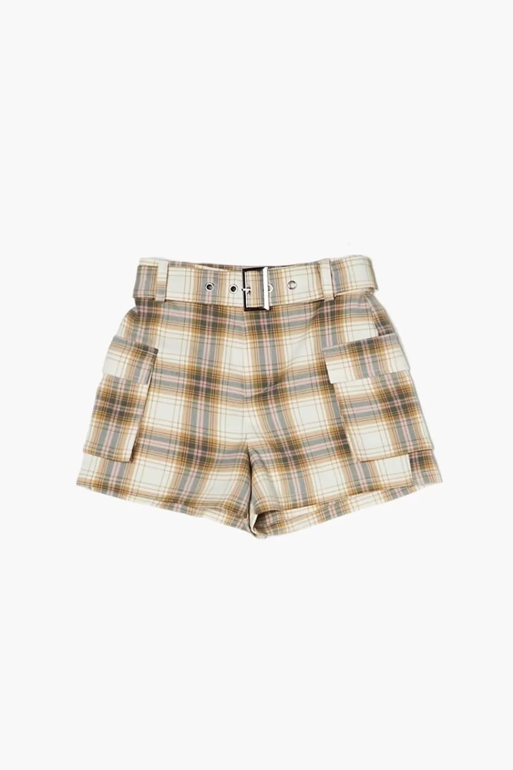 Bottoms>Forever 21 Girls Belted Plaid Shorts (Kids) Taupe/Multi
