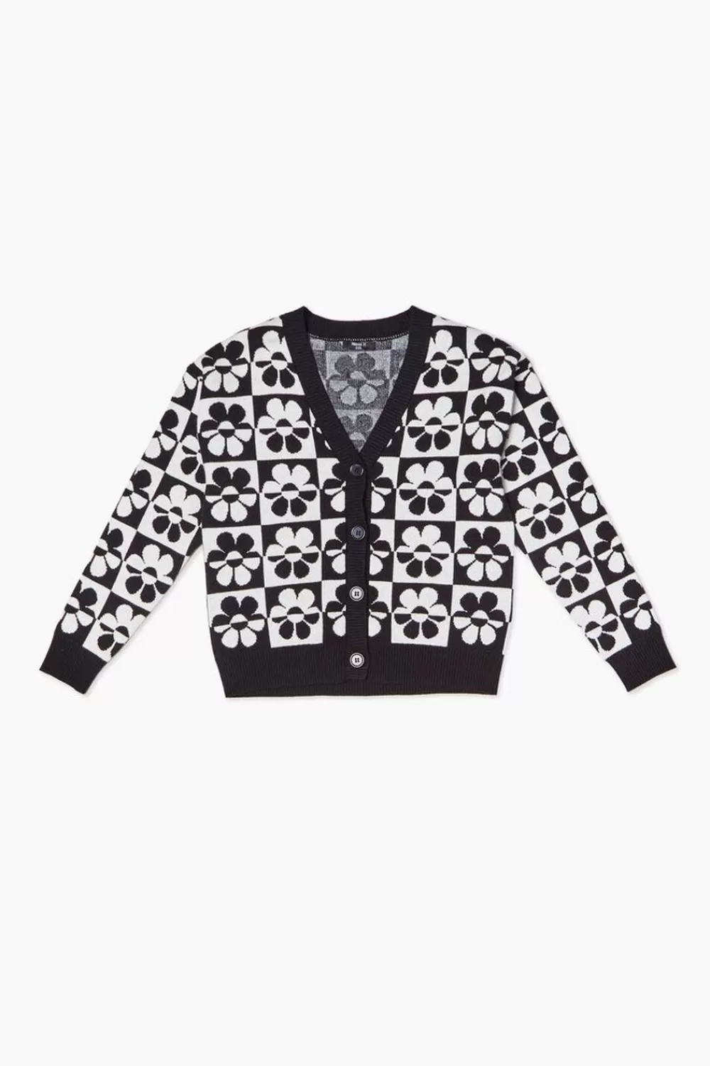 Sweaters + Cardigans>Forever 21 Girls Checkered Floral Cardigan Sweater (Kids) Black/White