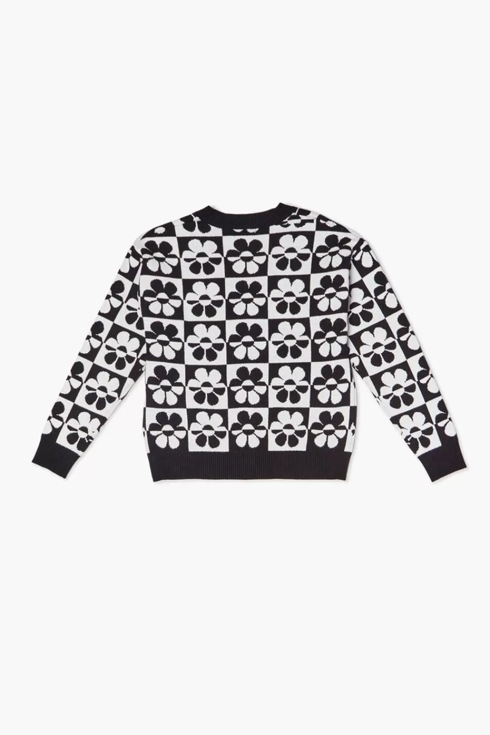 Sweaters + Cardigans>Forever 21 Girls Checkered Floral Cardigan Sweater (Kids) Black/White