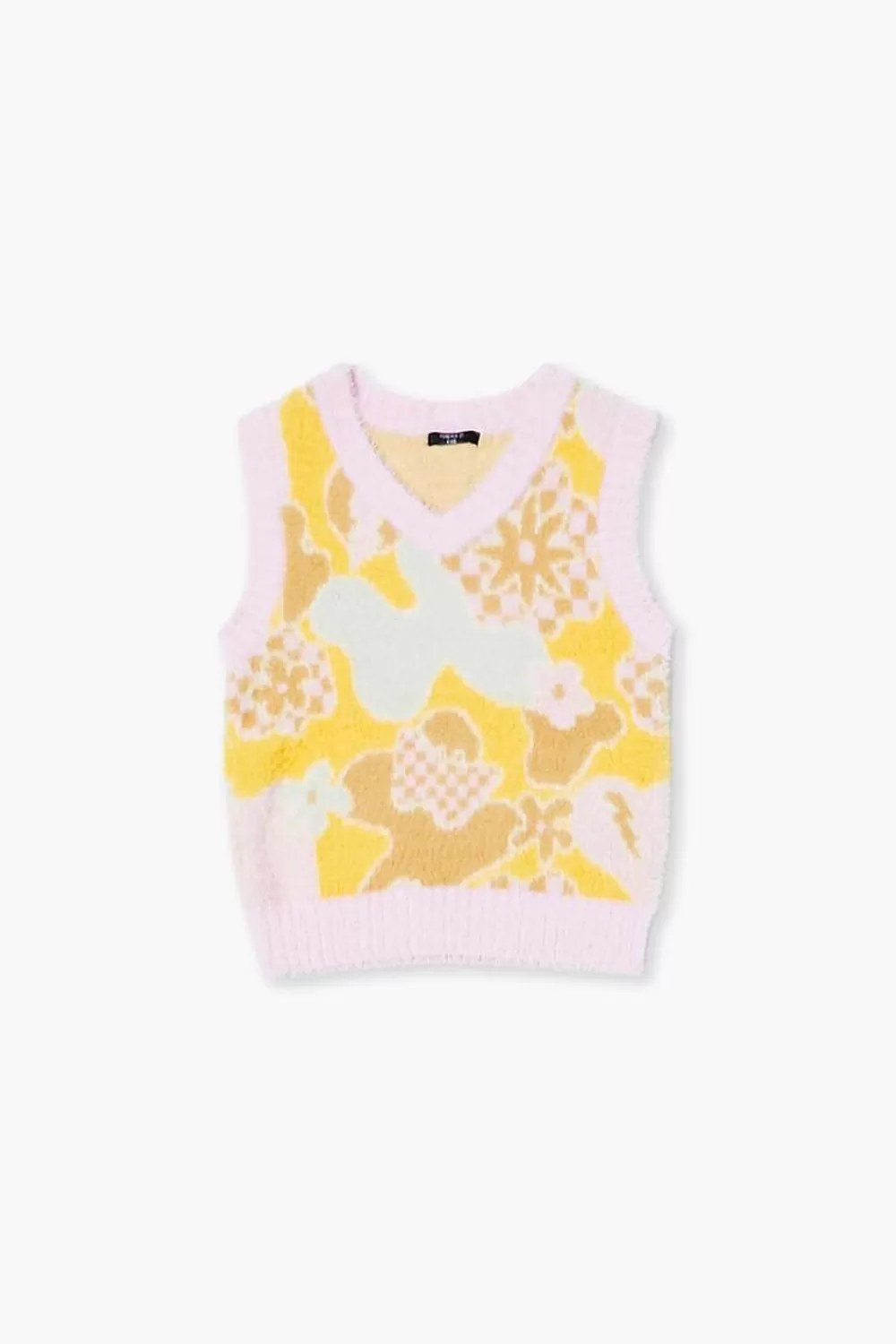 Sweaters + Cardigans>Forever 21 Girls Fuzzy Abstract Floral Sweater Vest (Kids) Bubble Gum/Multi
