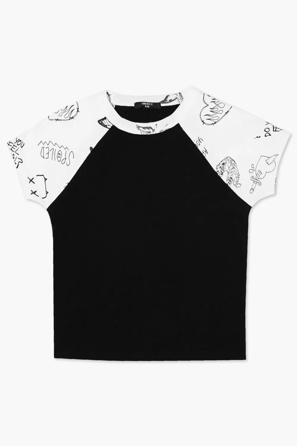Tops>Forever 21 Girls Ribbed Graphic Raglan Tee (Kids) Black/Multi