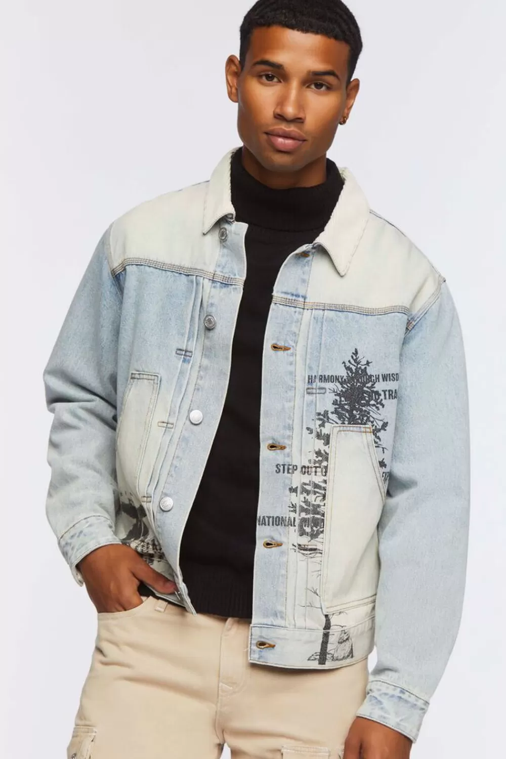 Jackets + Outerwear>Forever 21 Graphic Denim Jacket Light Denim