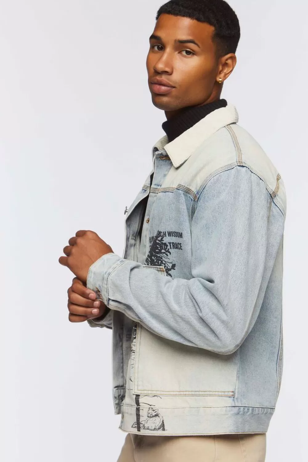 Jackets + Outerwear>Forever 21 Graphic Denim Jacket Light Denim