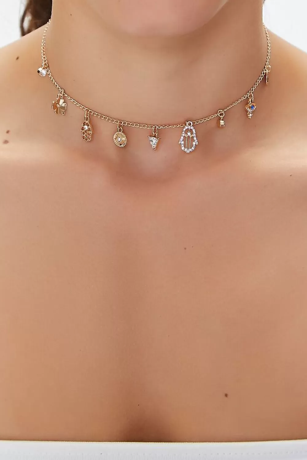 Necklaces>Forever 21 Hamsa Hand Choker Charm Necklace Gold/Clear