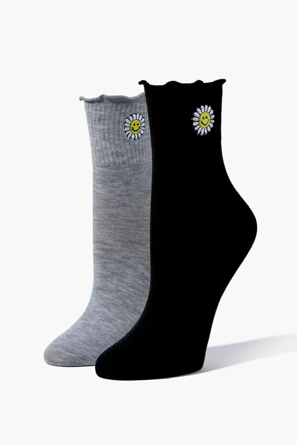 Socks + Tights>Forever 21 Happy Face Daisy Crew Socks - 2 Pack Heather Grey/Black