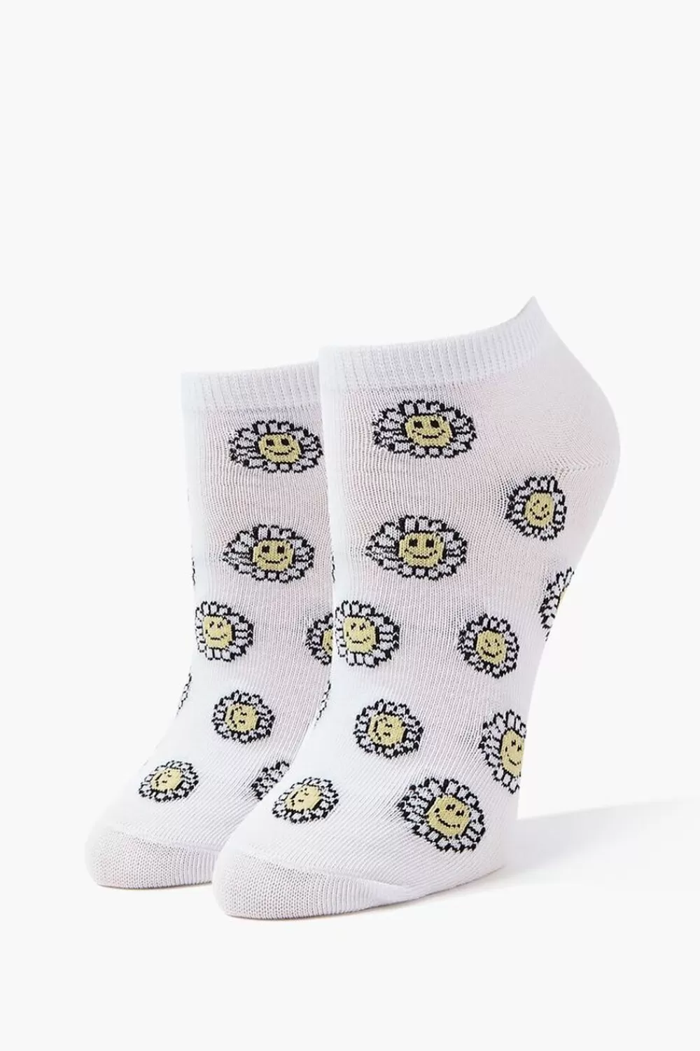 Socks + Tights>Forever 21 Happy Face Floral Print Ankle Socks White/Multi