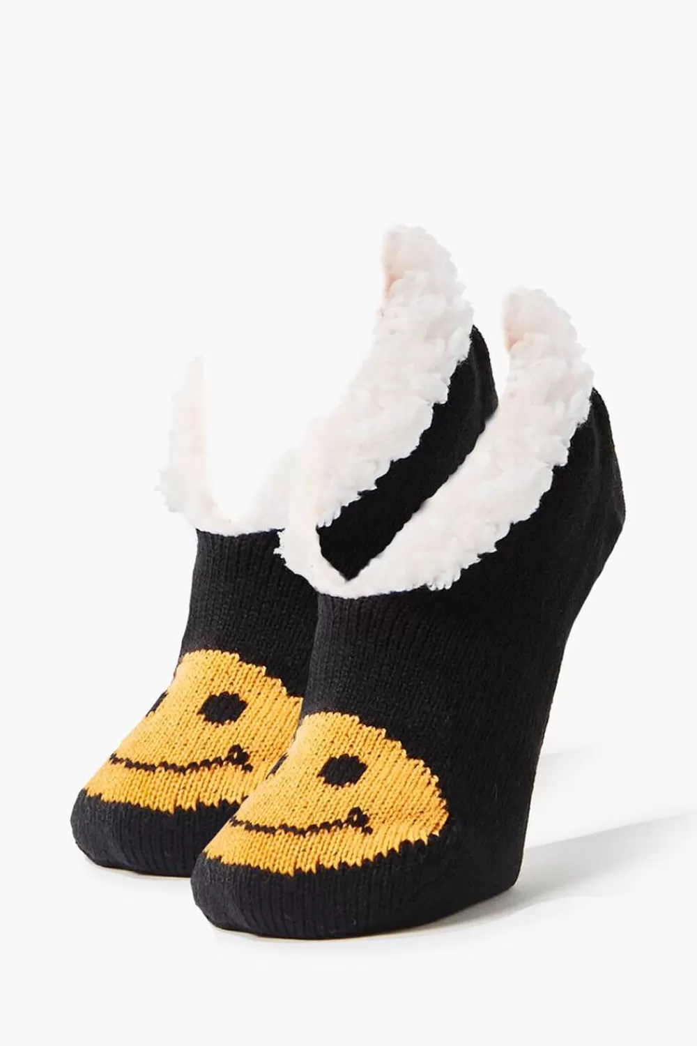Socks + Tights>Forever 21 Happy Face Indoor Slippers Black/Yellow
