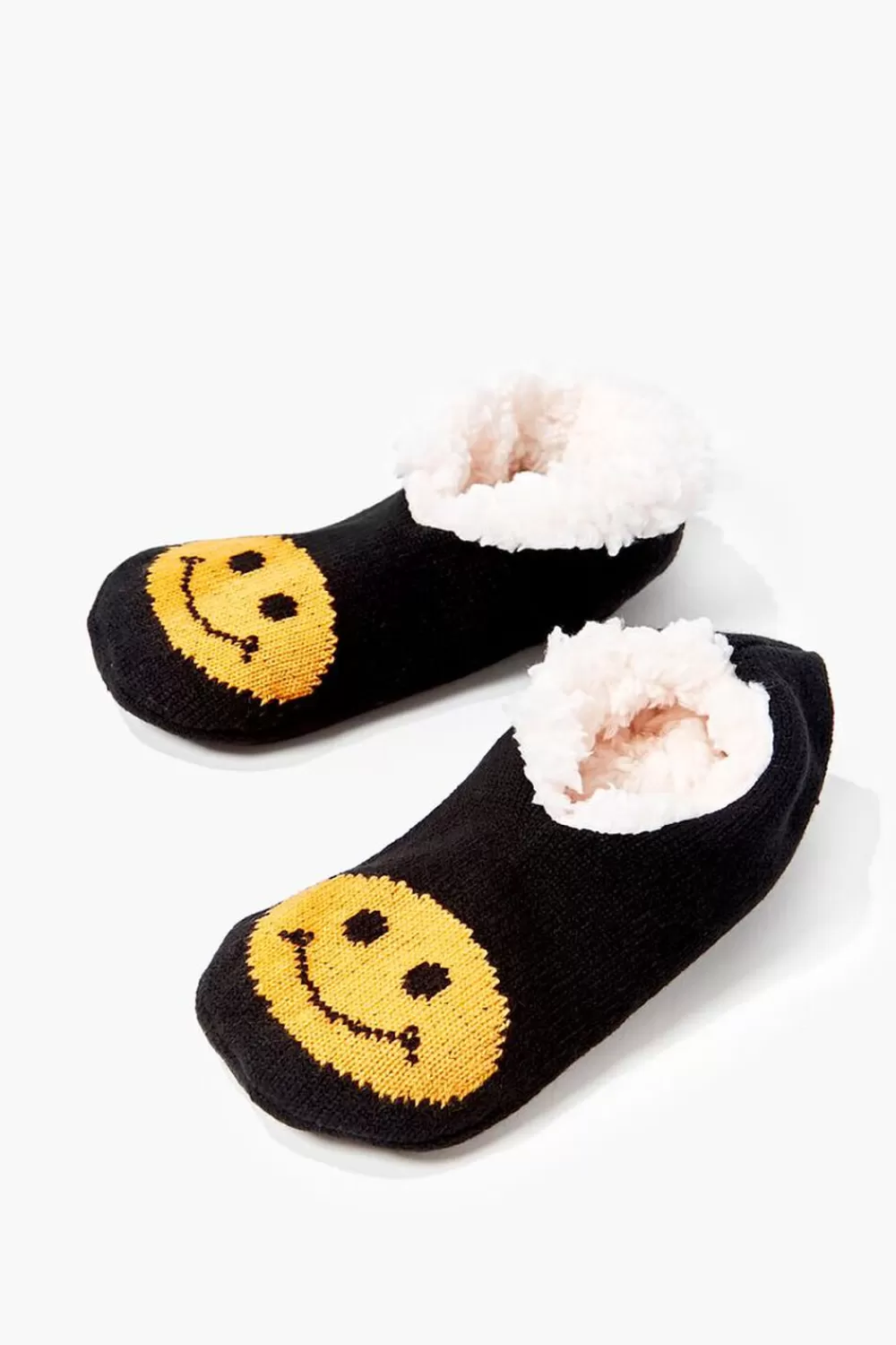 Socks + Tights>Forever 21 Happy Face Indoor Slippers Black/Yellow