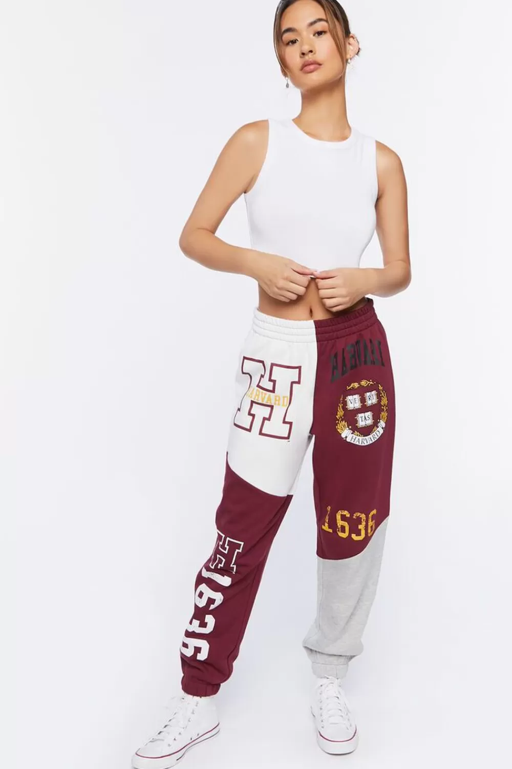 Bottoms>Forever 21 Harvard Graphic Fleece Joggers Burgundy/Multi