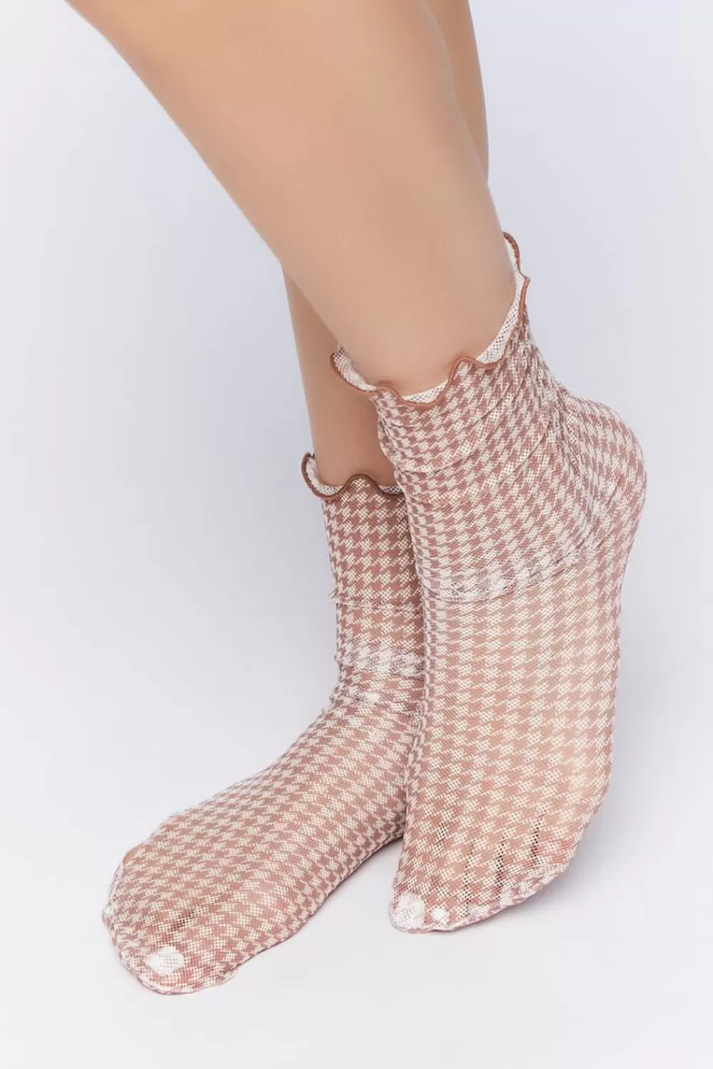 Socks + Tights>Forever 21 Houndstooth Print Crew Socks Tan/Multi