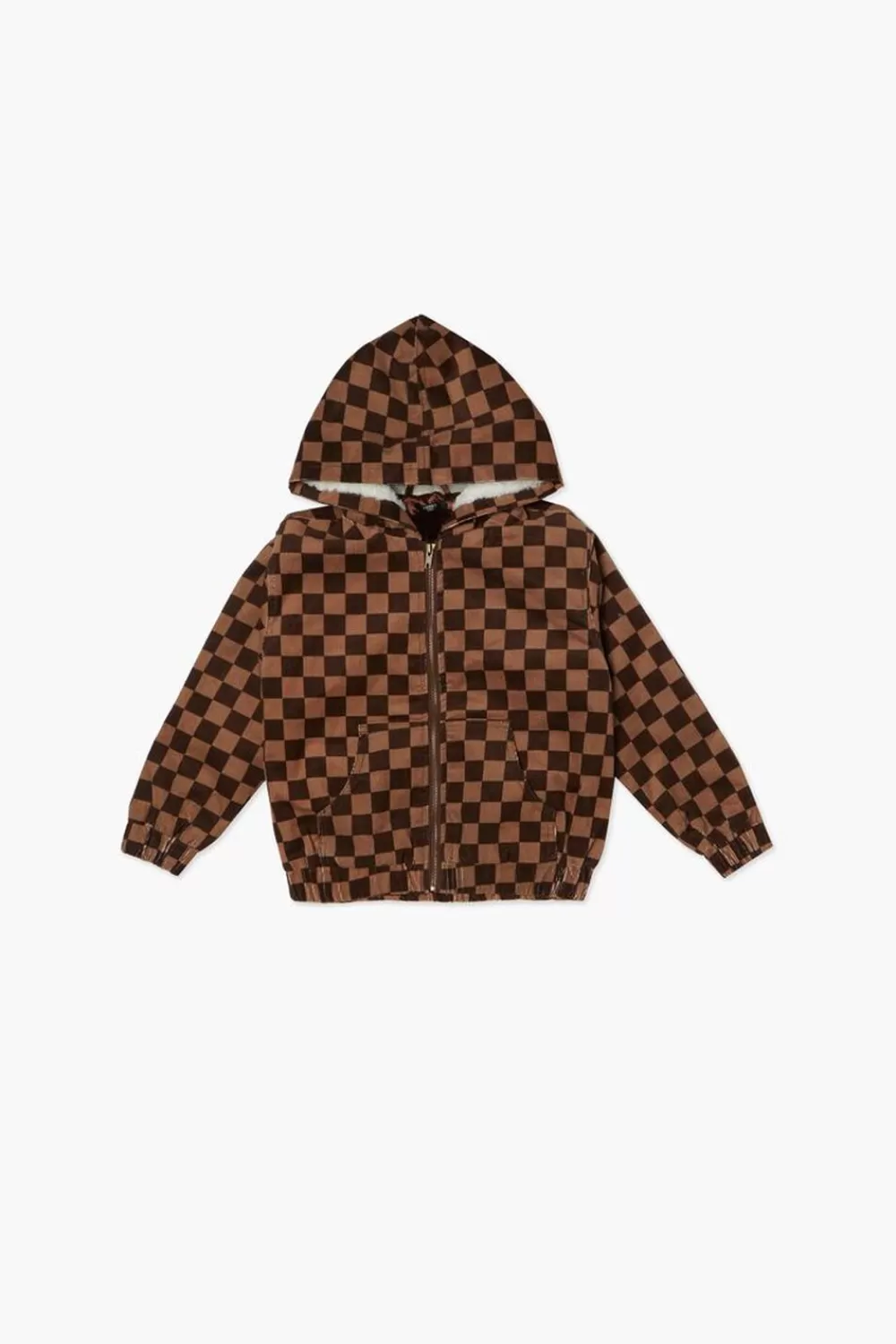 Tops>Forever 21 Kids Checkered Zip-Up Hoodie (Girls + Boys) Brown/Multi