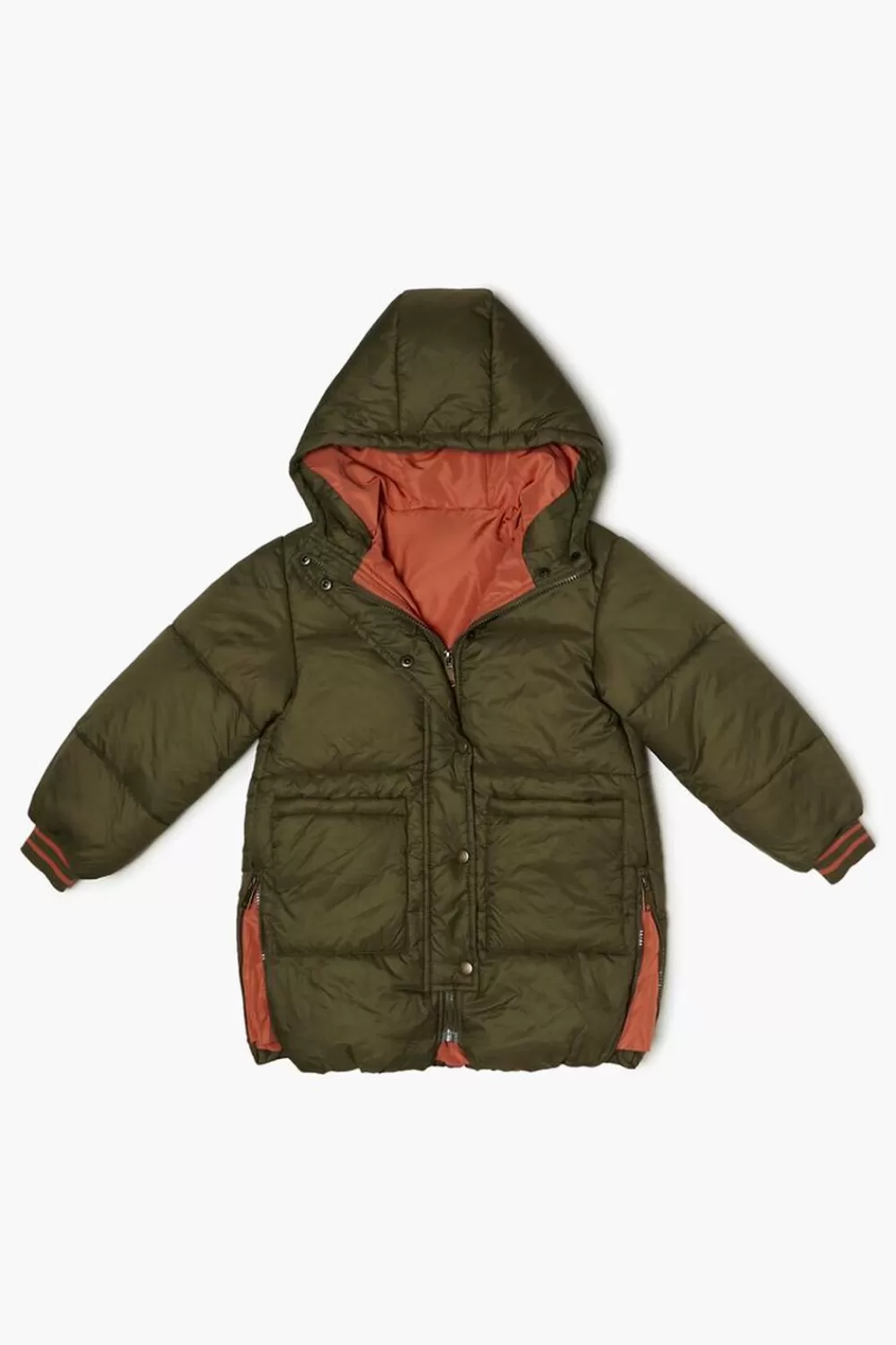 Jackets + Outerwear>Forever 21 Kids Hooded Puffer Coat (Girls + Boys) Olive/Orange