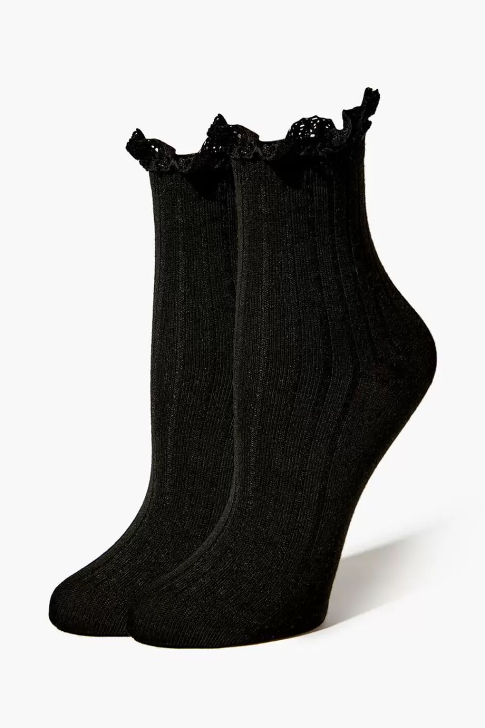 Socks + Tights>Forever 21 Lace-Trim Crew Socks Black