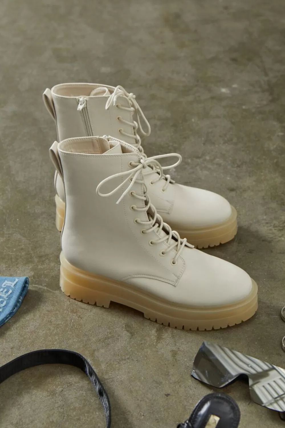 Boots + Booties>Forever 21 Lace-Up Faux Leather Booties Cream