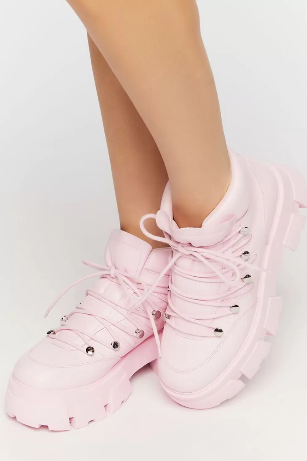 Boots + Booties>Forever 21 Lace-Up Lug Sole Ankle Booties Pink